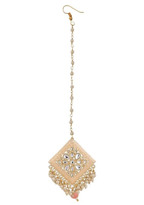 Peach Cubic Zirconia Maang Tikka With Earrings