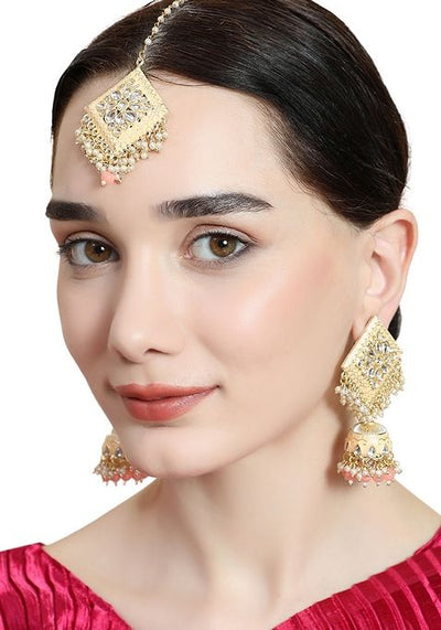 Peach Cubic Zirconia Maang Tikka With Earrings