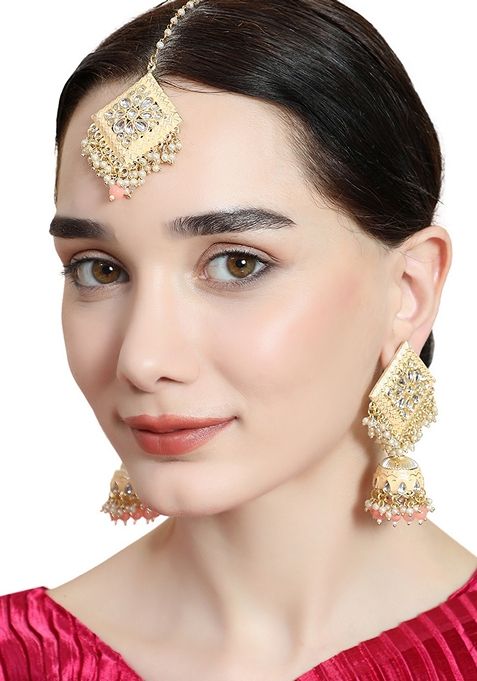 Peach Cubic Zirconia Maang Tikka With Earrings