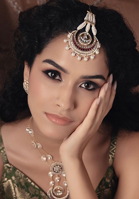 Gold Plated Polki Pearl Maang Tikka