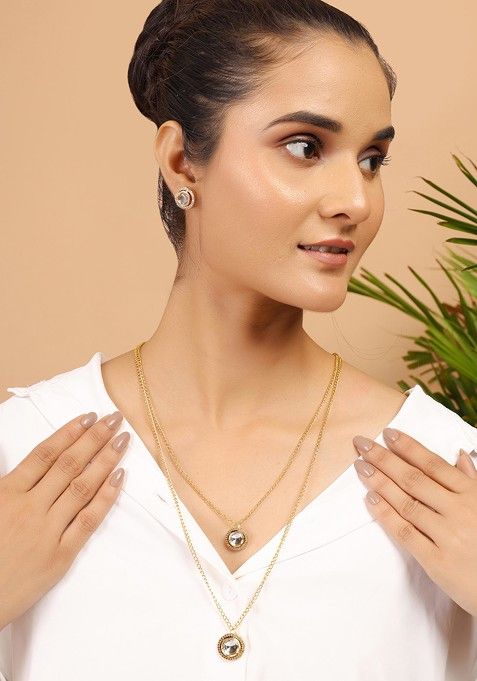 White Gold Tone Layered Kundan Polki Necklace