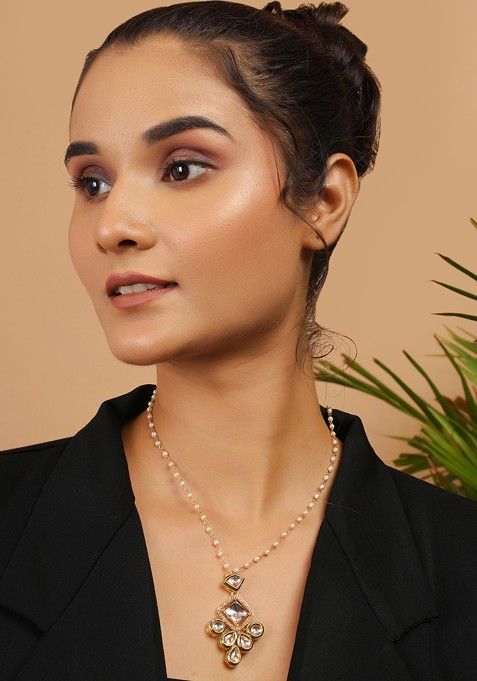 White Gold Tone Kundan Polki Pearl Necklace