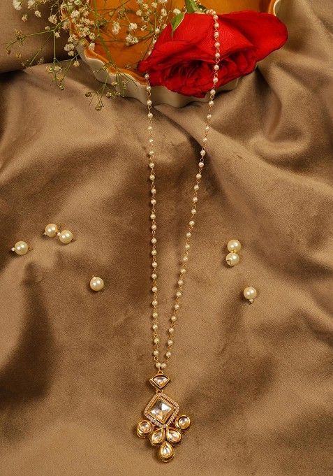 White Gold Tone Kundan Polki Pearl Necklace