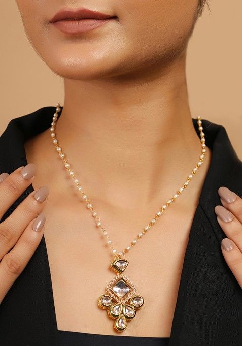 White Gold Tone Kundan Polki Pearl Necklace