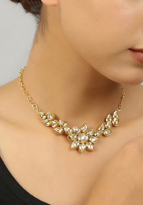 White Gold Tone Floral Kundan Necklace