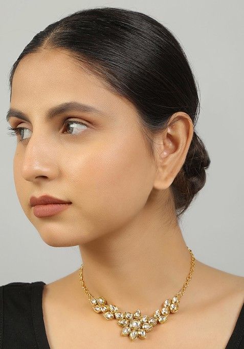 White Gold Tone Floral Kundan Necklace