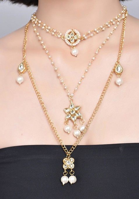 White Multilayered Pearl Bead Kundan Embellished Choker Necklace