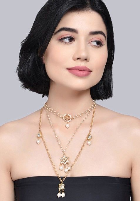 White Multilayered Pearl Bead Kundan Embellished Choker Necklace