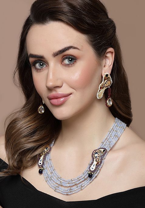 Blue And Maroon Pearl Layered Necklace