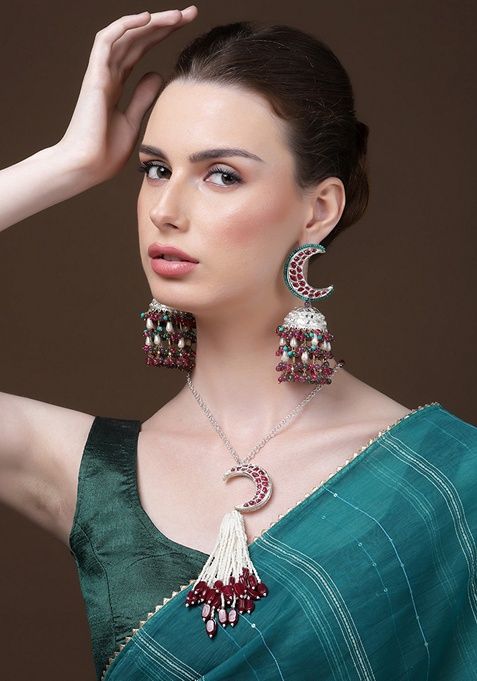 Pink And Silver Gold Plated Kundan Pearl Haar Necklaces