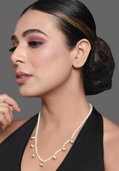 White Pearl Bead Kundan Embellished Necklace