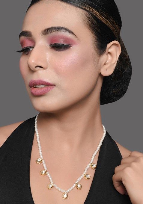White Pearl Bead Kundan Embellished Necklace