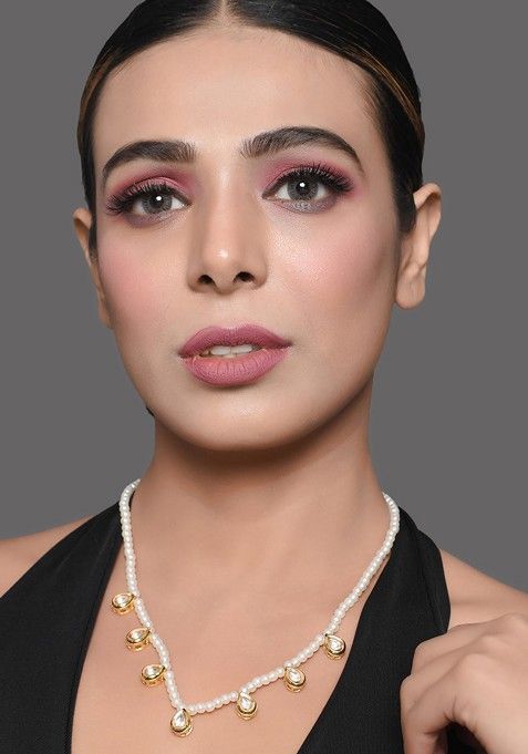 White Pearl Bead Kundan Embellished Necklace