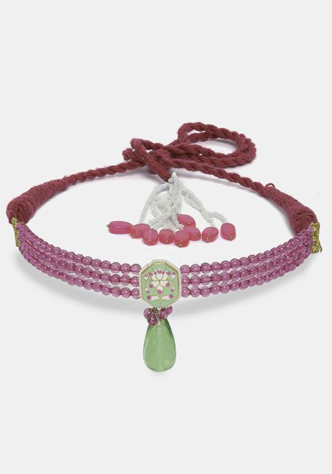 Pink And Green Stone Pearl Choker Necklace