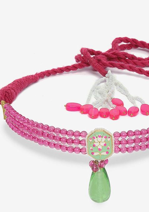 Pink And Green Stone Pearl Choker Necklace