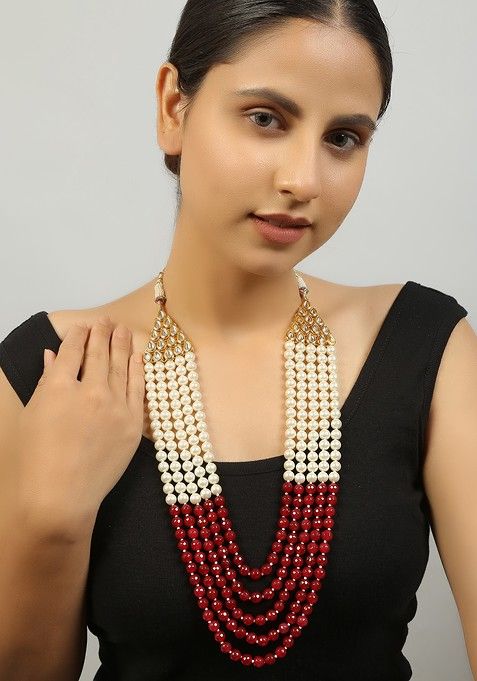 Ruby And White Kundan Meenakari Work Necklace