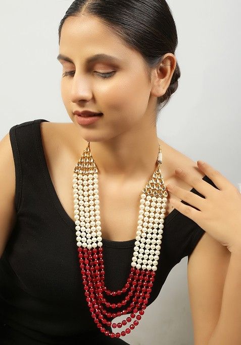 Ruby And White Kundan Meenakari Work Necklace
