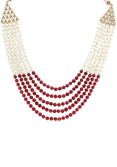 Ruby And White Kundan Meenakari Work Necklace