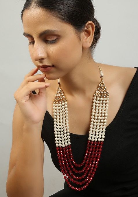 Ruby And White Kundan Meenakari Work Necklace