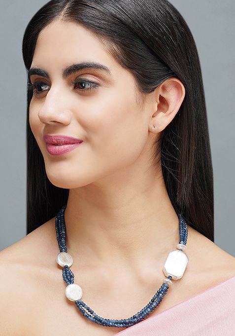 Blue Beaded Brass Necklace