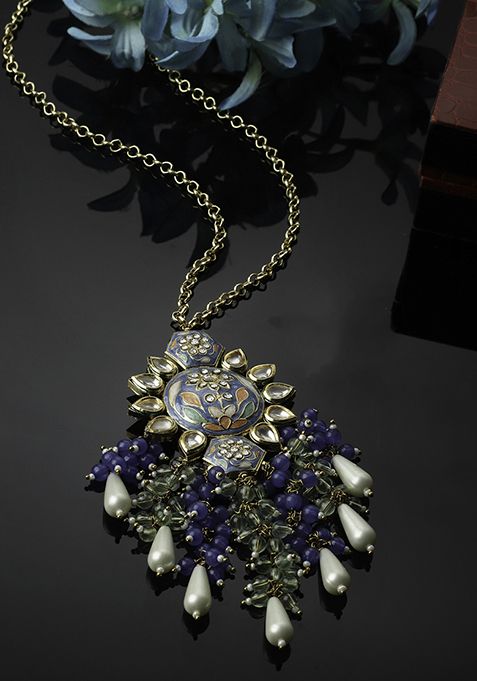 Blue And Green Kundan Pearl Pendant Necklace