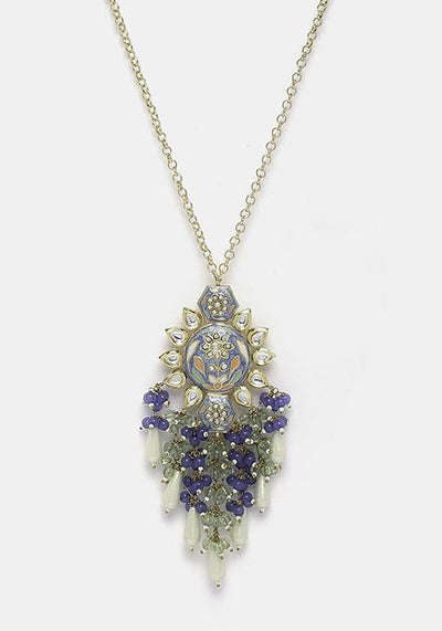 Blue And Green Kundan Pearl Pendant Necklace
