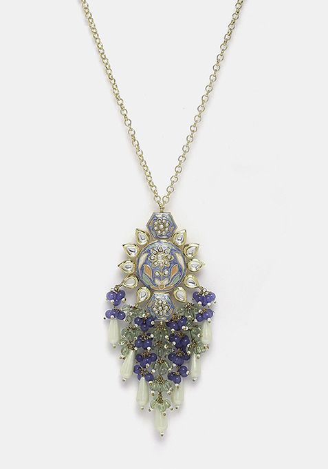 Blue And Green Kundan Pearl Pendant Necklace