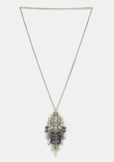 Blue And Green Kundan Pearl Pendant Necklace