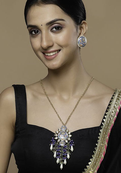 Blue And Green Kundan Pearl Pendant Necklace