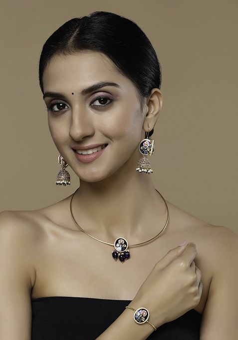 Blue And Gold Kundan Pearl Necklace