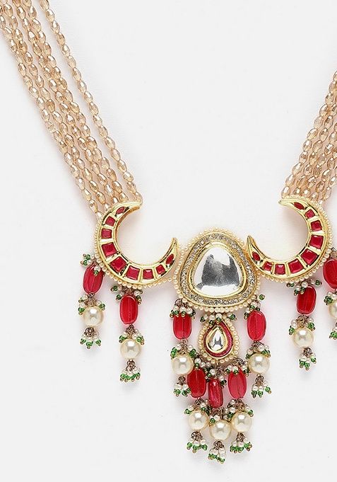 Red And Green Gold Plated Kundan American Diamond Haar Necklaces