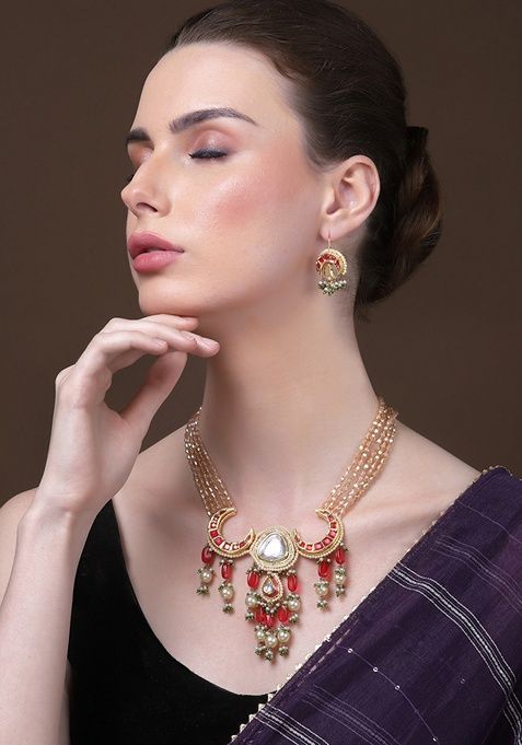 Red And Green Gold Plated Kundan American Diamond Haar Necklaces