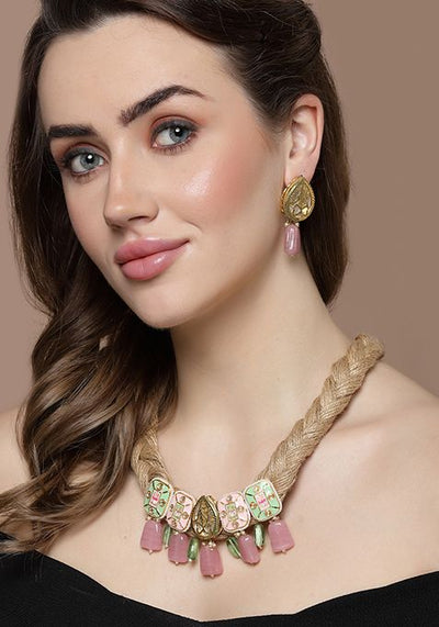 Light Pink And Green Kundan Pearl Necklace