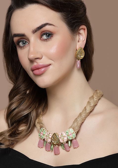 Light Pink And Green Kundan Pearl Necklace
