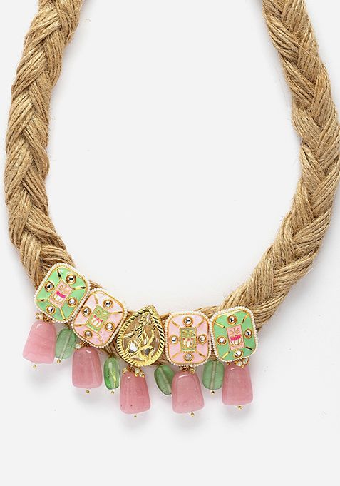 Light Pink And Green Kundan Pearl Necklace