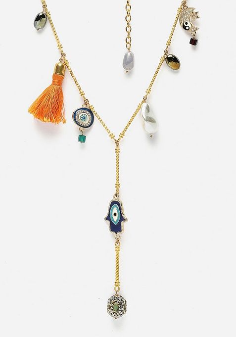 Orange And Blue Gold Plated American Diamonds Pearl Haar Necklaces
