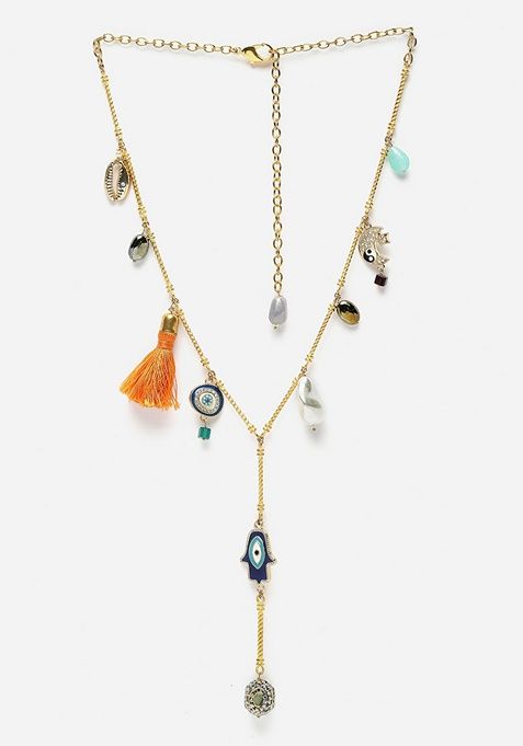 Orange And Blue Gold Plated American Diamonds Pearl Haar Necklaces