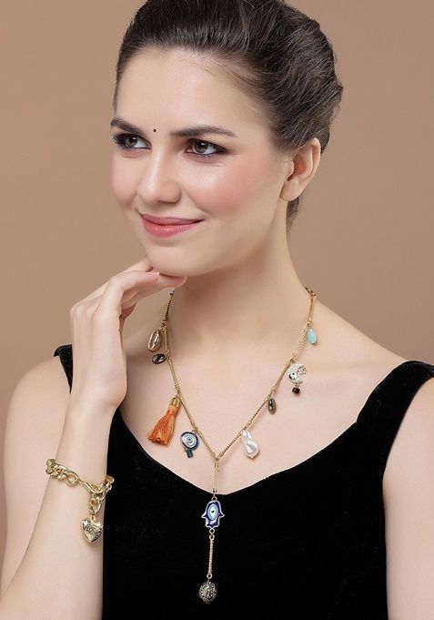 Orange And Blue Gold Plated American Diamonds Pearl Haar Necklaces