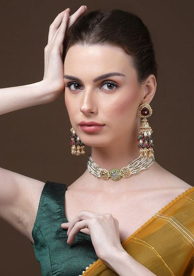 Silver And Green Gold Plated Kundan Pearl Choker Necklaces