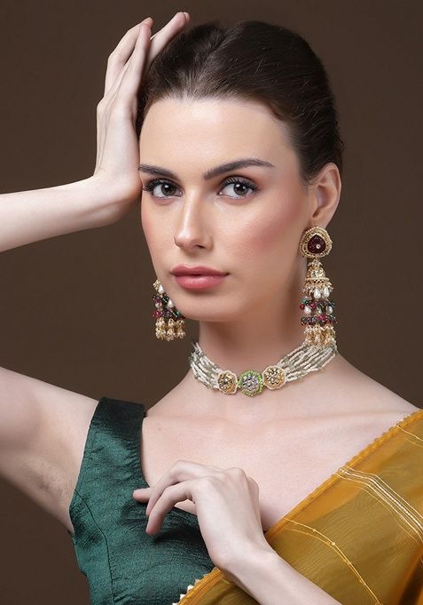 Silver And Green Gold Plated Kundan Pearl Choker Necklaces