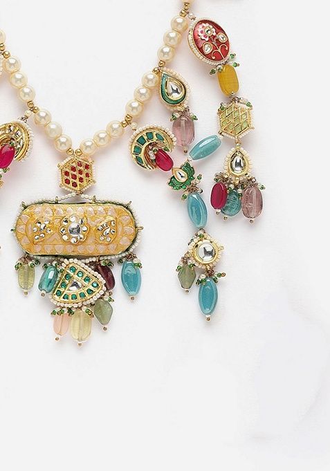 Peach And Red Gold Plated Kundan Pearl Haar Necklaces