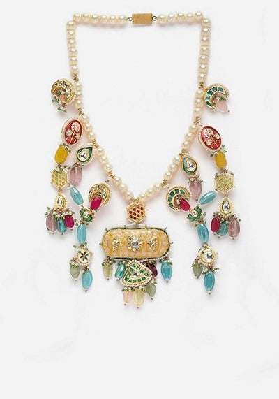 Peach And Red Gold Plated Kundan Pearl Haar Necklaces