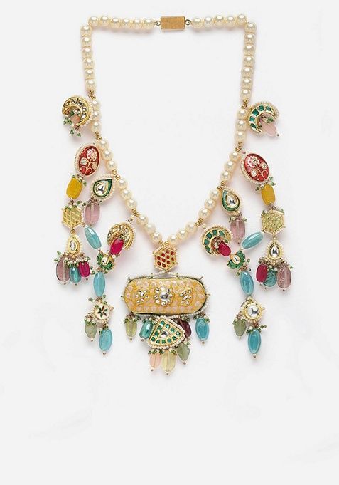 Peach And Red Gold Plated Kundan Pearl Haar Necklaces