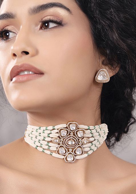 Gold Plated Polki Pearl Choker Necklace Set