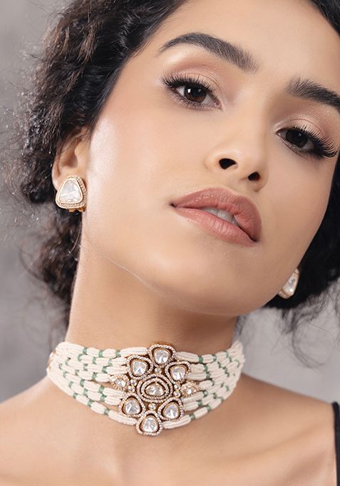 Gold Plated Polki Pearl Choker Necklace Set