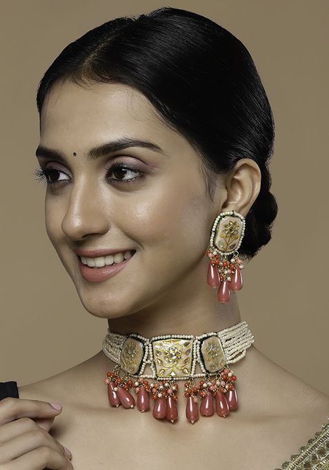 Peach And Pink Kundan Pearl Choker Necklace