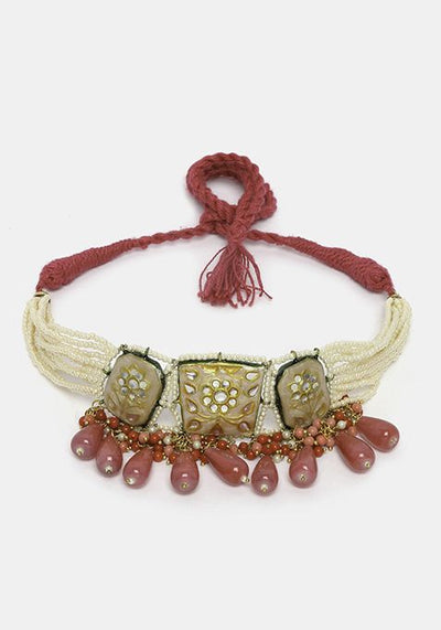 Peach And Pink Kundan Pearl Choker Necklace