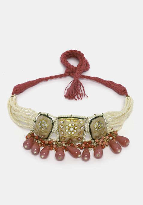 Peach And Pink Kundan Pearl Choker Necklace