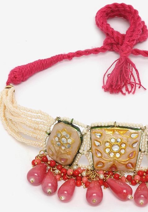 Peach And Pink Kundan Pearl Choker Necklace