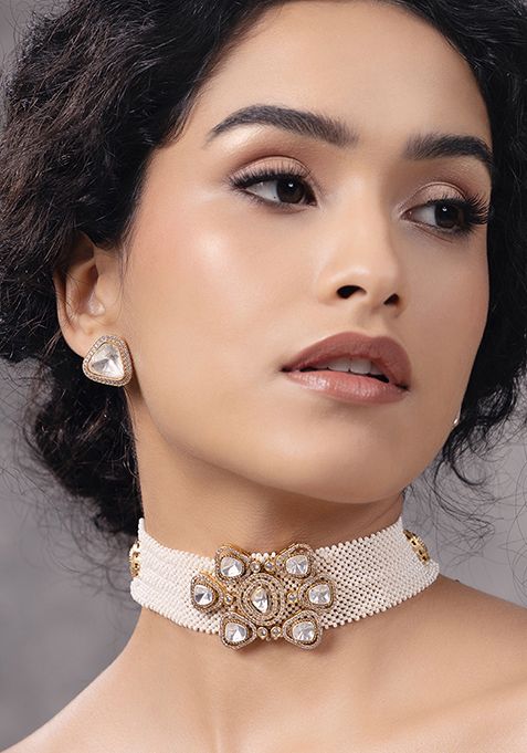 Gold Plated Polki Pearl Choker Necklace Set